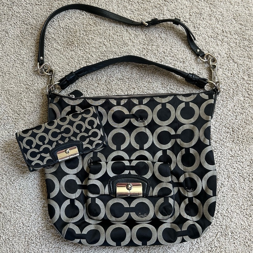 Coach Black and Beige Signature Hobo Bag with Matching Wallet